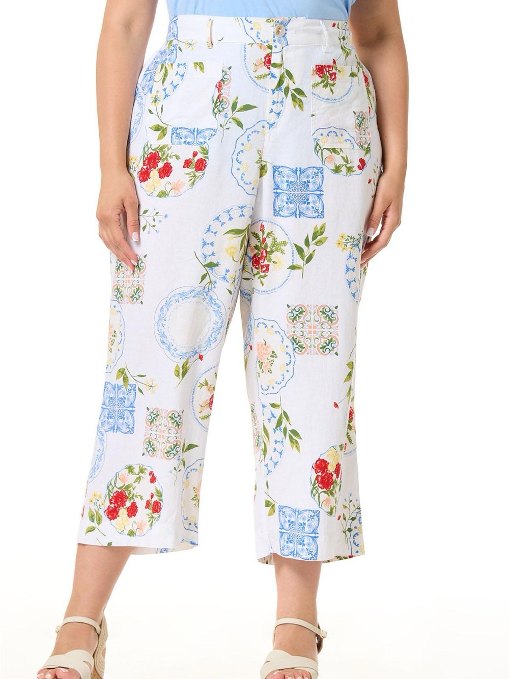 Cato | PLUS SIZE CROPPED LINEN VINTAGE FLORAL PANTS